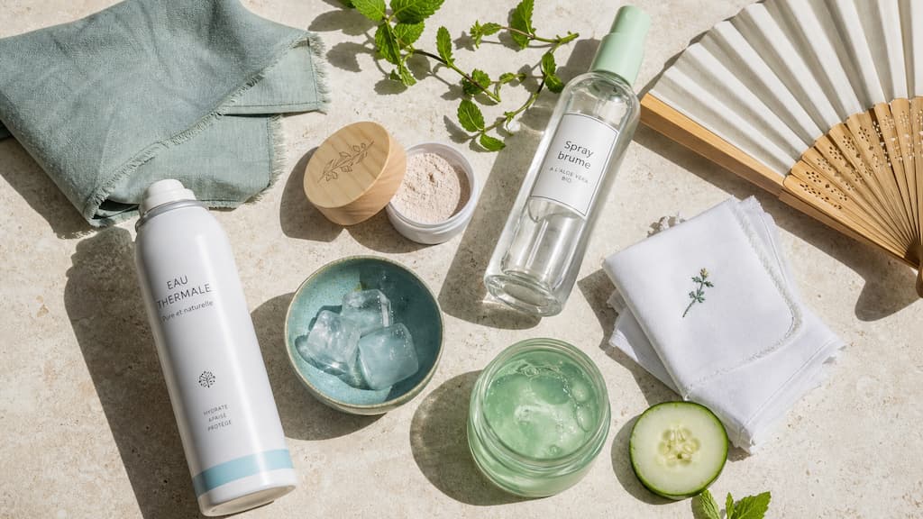 Flat lay de produits contre la chaleur