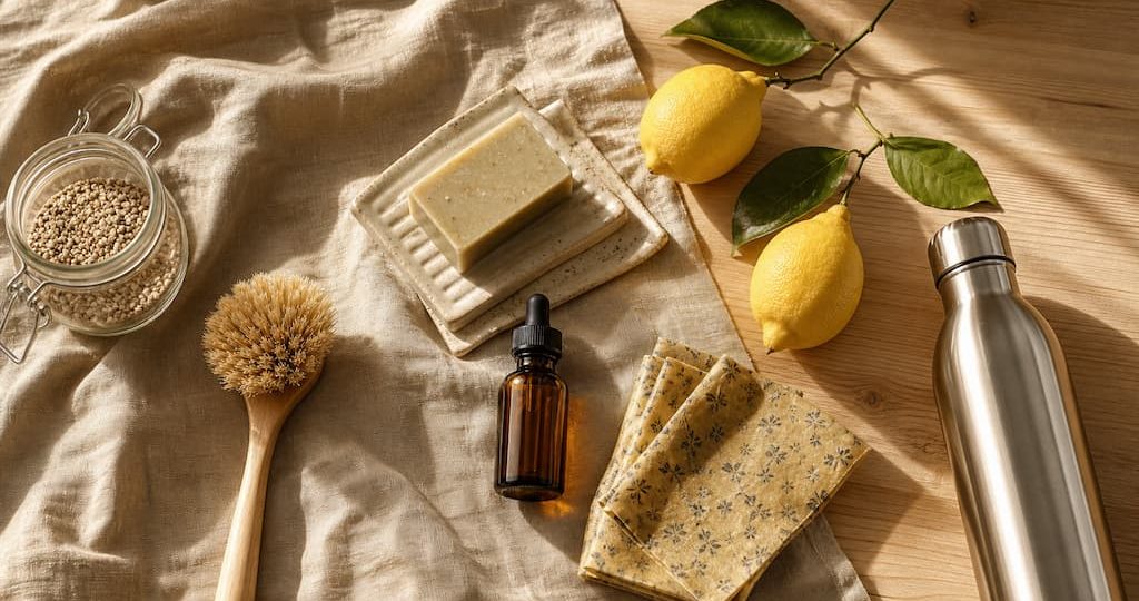Flat lay boho sur table en bois et lin : essentiels du mode de vie low tox avec bocal en verre, savon solide, brosse en bois et citrons bio