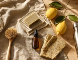 Flat lay boho sur table en bois et lin : essentiels du mode de vie low tox avec bocal en verre, savon solide, brosse en bois et citrons bio