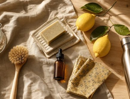 Flat lay boho sur table en bois et lin : essentiels du mode de vie low tox avec bocal en verre, savon solide, brosse en bois et citrons bio