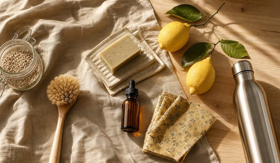 Flat lay boho sur table en bois et lin : essentiels du mode de vie low tox avec bocal en verre, savon solide, brosse en bois et citrons bio