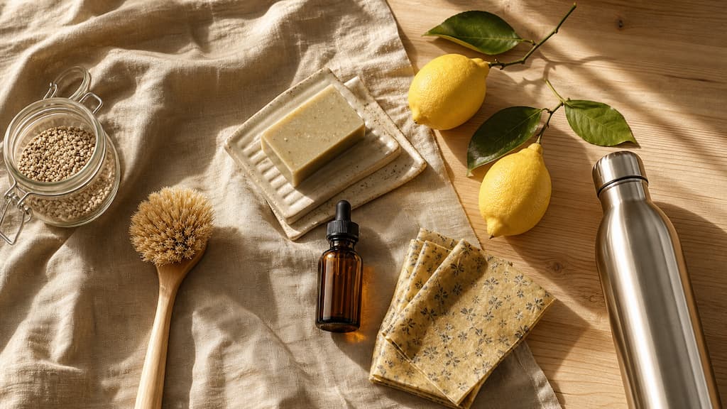 Flat lay boho sur table en bois et lin : essentiels du mode de vie low tox avec bocal en verre, savon solide, brosse en bois et citrons bio