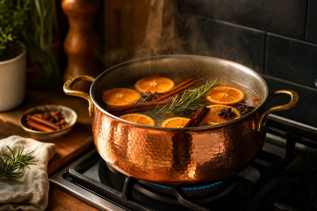 Pot-pourri mijoté (simmer pot) avec des oranges et de la cannelle, créant un parfum d'intérieur naturel
