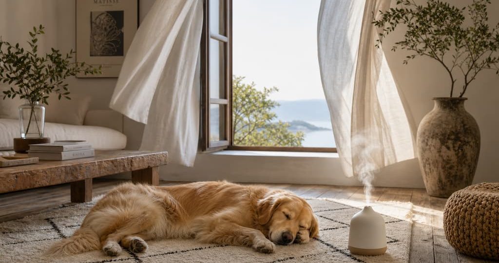 Intérieur bohème lumineux avec un diffuseur d'huiles essentielles et un chien endormi, illustrant comment parfumer sa maison naturellement