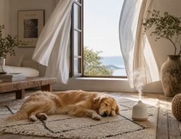 Intérieur bohème lumineux avec un diffuseur d'huiles essentielles et un chien endormi, illustrant comment parfumer sa maison naturellement