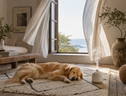 Intérieur bohème lumineux avec un diffuseur d'huiles essentielles et un chien endormi, illustrant comment parfumer sa maison naturellement
