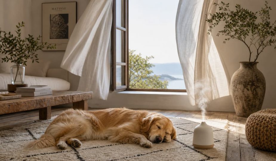Intérieur bohème lumineux avec un diffuseur d'huiles essentielles et un chien endormi, illustrant comment parfumer sa maison naturellement