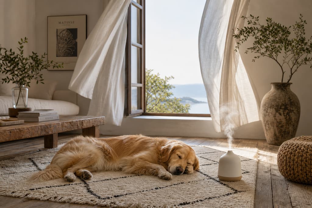 Intérieur bohème lumineux avec un diffuseur d'huiles essentielles et un chien endormi, illustrant comment parfumer sa maison naturellement