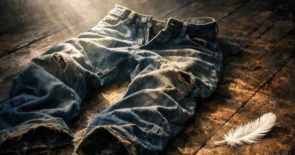 Vieux jean posé au sol dans la lumière, symbolisant la transformation et la réappropriation de son corps après une perte de poids