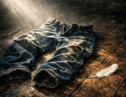 Vieux jean posé au sol dans la lumière, symbolisant la transformation et la réappropriation de son corps après une perte de poids
