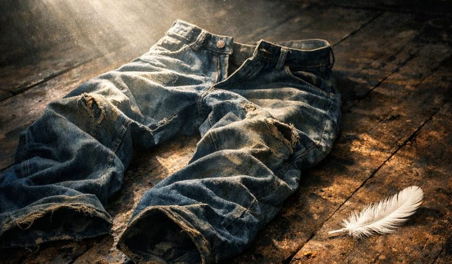 Vieux jean posé au sol dans la lumière, symbolisant la transformation et la réappropriation de son corps après une perte de poids