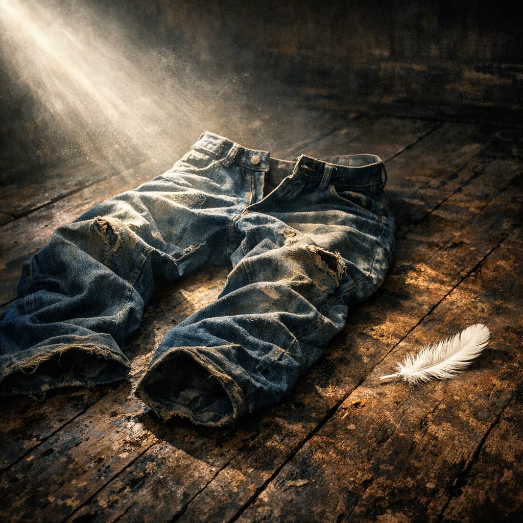 Vieux jean posé au sol dans la lumière, symbolisant la transformation et la réappropriation de son corps après une perte de poids