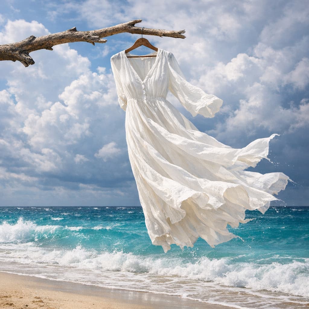 Robe en lin flottant au vent sur une plage, symbole de liberté et de légèreté retrouvées