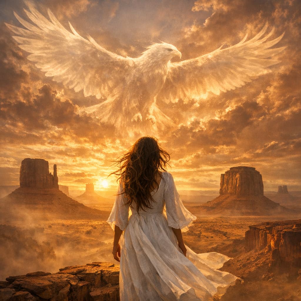 Femme face à un désert avec un aigle spirituel, illustrant la quête de l'animal totem