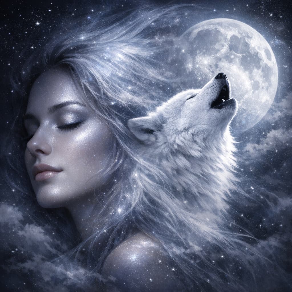 Double exposition d'un visage de femme et d'un loup, symbole de l'animal totem dans les rêves