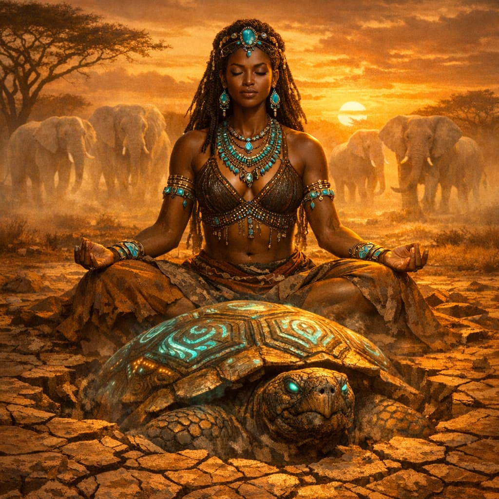 Femme en méditation avec ses animaux totems, l'éléphant et la tortue, symboles de force et de sagesse