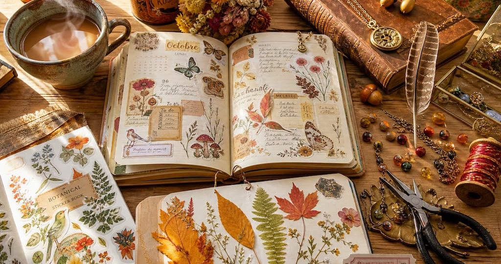 Composition flat lay bohème lumineuse et colorée regroupant stickers, bijoux vintage, herbier, livre, fil de soie et tasse de thé pour célébrer les plaisirs de l'automne