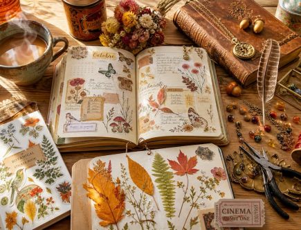 Composition flat lay bohème lumineuse et colorée regroupant stickers, bijoux vintage, herbier, livre, fil de soie et tasse de thé pour célébrer les plaisirs de l'automne