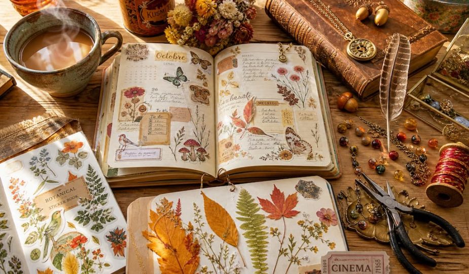 Composition flat lay bohème lumineuse et colorée regroupant stickers, bijoux vintage, herbier, livre, fil de soie et tasse de thé pour célébrer les plaisirs de l'automne