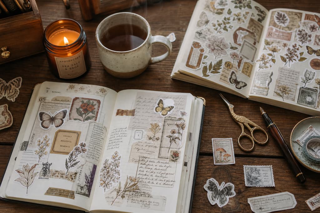 Agenda décoré avec des stickers vintage, à côté d'un sticker book ouvert, de ciseaux et d'une tasse de thé