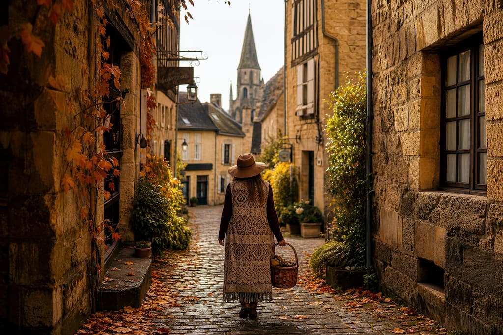 Ruelle médiévale façon Charlieu en automne avec des feuilles colorées au sol et une femme se promenant