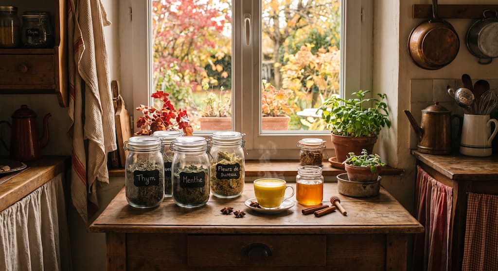 Bocaux d'herbes séchées et tasse de golden milk dans une cuisine bohème en automne