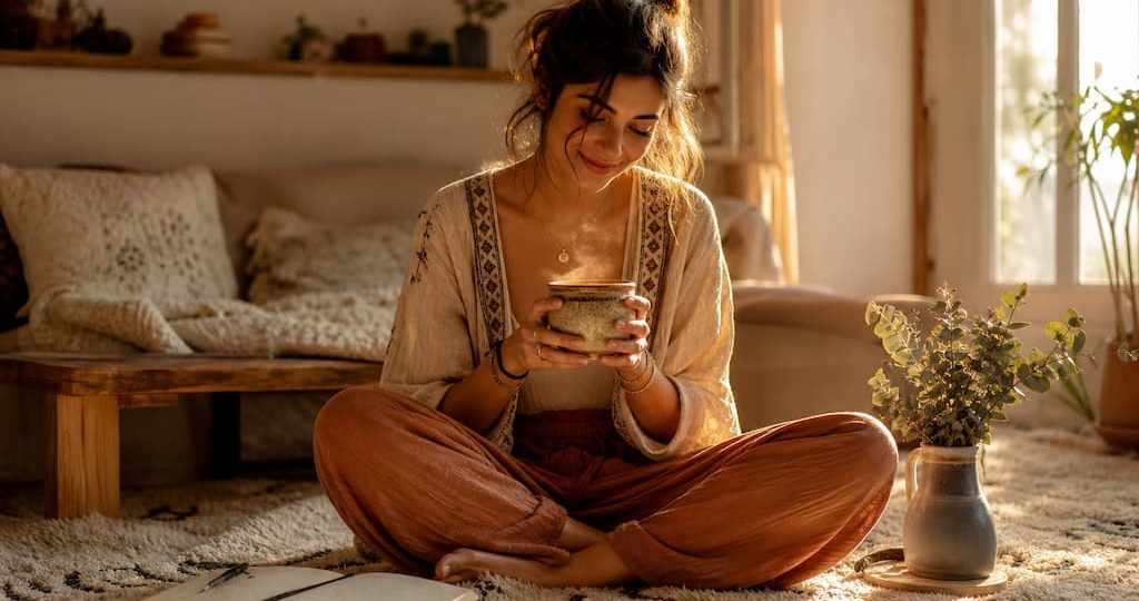 Femme de style bohème assise sur un tapis avec une tasse fumante, profitant de la lumière douce du soleil dans son salon