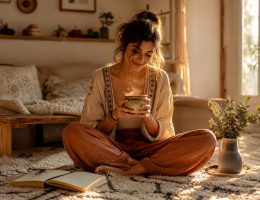 Femme de style bohème assise sur un tapis avec une tasse fumante, profitant de la lumière douce du soleil dans son salon