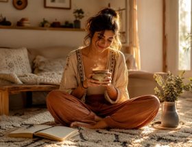 Femme de style bohème assise sur un tapis avec une tasse fumante, profitant de la lumière douce du soleil dans son salon