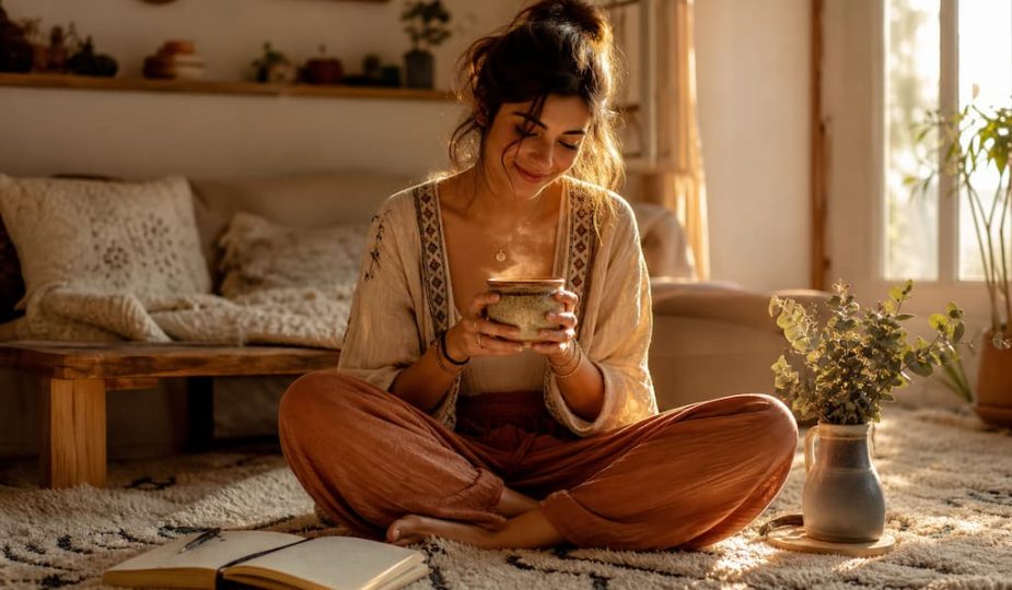 Femme de style bohème assise sur un tapis avec une tasse fumante, profitant de la lumière douce du soleil dans son salon