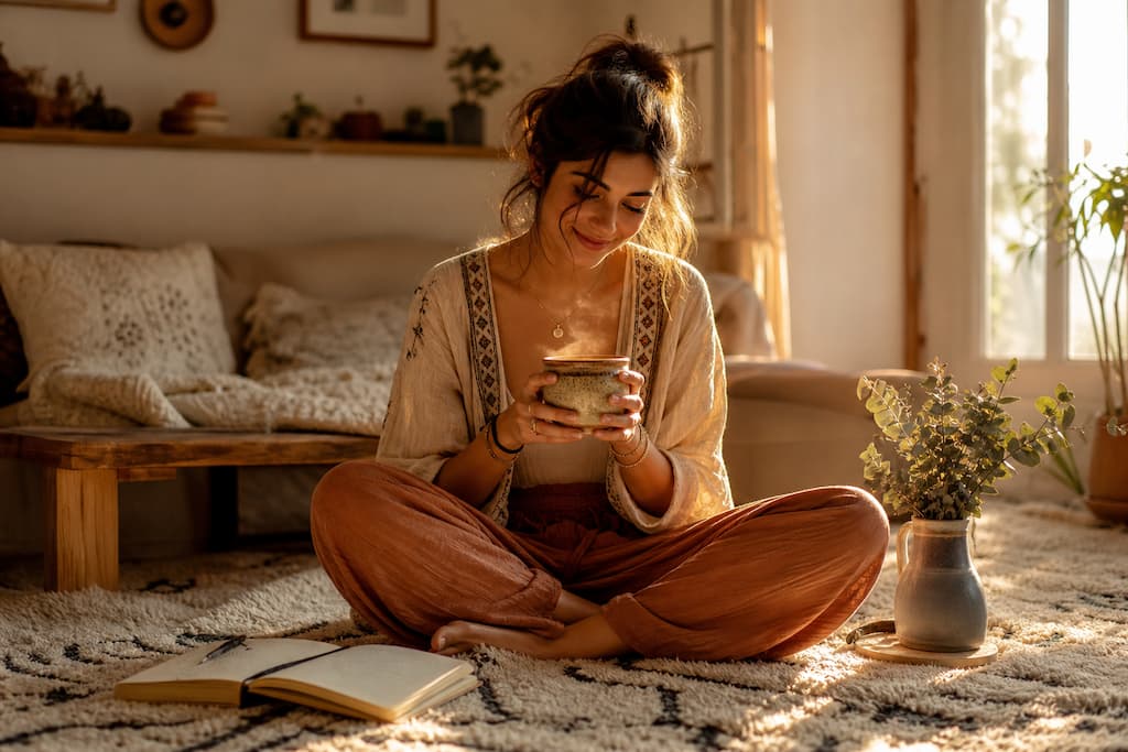 Femme de style bohème assise sur un tapis avec une tasse fumante, profitant de la lumière douce du soleil dans son salon