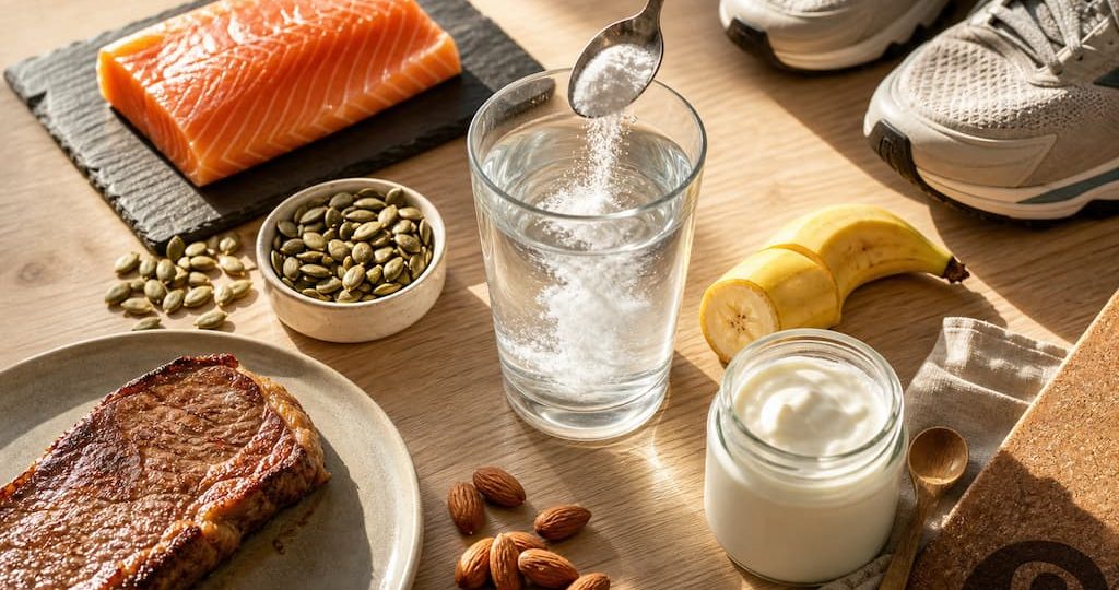 Composition de créatine, aliments riches en protéines et accessoires de sport sur une table en bois baignée de lumière naturelle