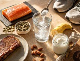 Composition de créatine, aliments riches en protéines et accessoires de sport sur une table en bois baignée de lumière naturelle