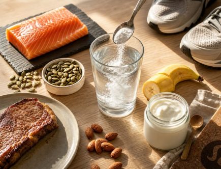 Composition de créatine, aliments riches en protéines et accessoires de sport sur une table en bois baignée de lumière naturelle