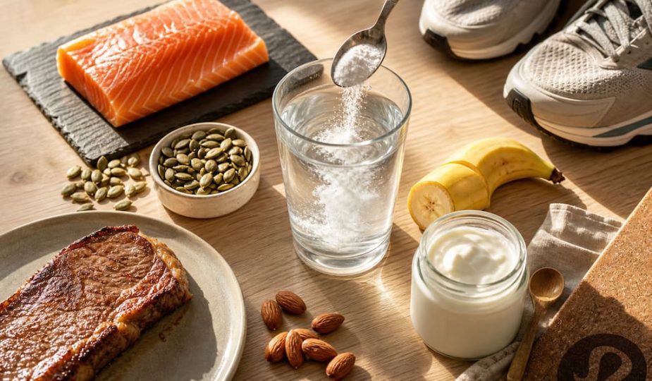 Composition de créatine, aliments riches en protéines et accessoires de sport sur une table en bois baignée de lumière naturelle
