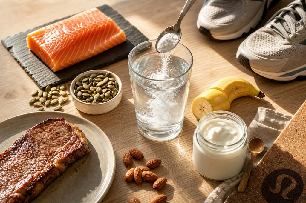 Composition de créatine, aliments riches en protéines et accessoires de sport sur une table en bois baignée de lumière naturelle