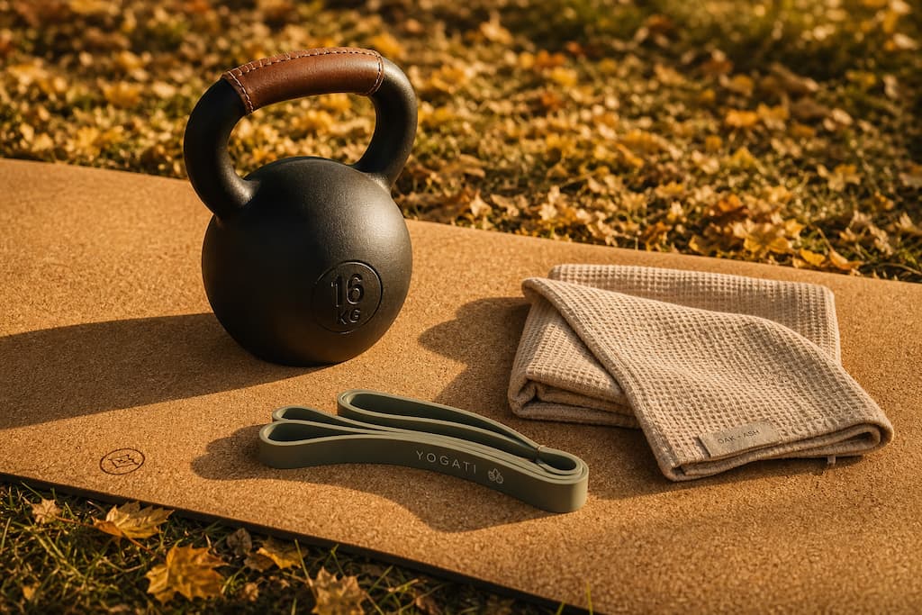 Équipement de sport avec kettlebell, bande de résistance et tapis en liège dans un parc aux couleurs d'automne.