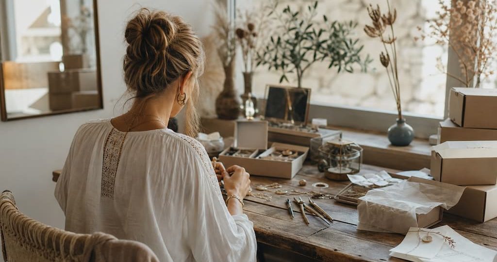 Femme entrepreneuse travaillant avec passion sur ses bijoux vintage dans son atelier lumineux