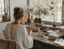 Femme entrepreneuse travaillant avec passion sur ses bijoux vintage dans son atelier lumineux