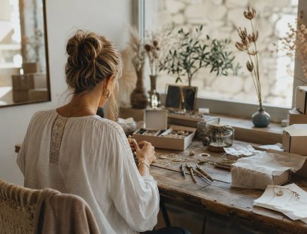Femme entrepreneuse travaillant avec passion sur ses bijoux vintage dans son atelier lumineux