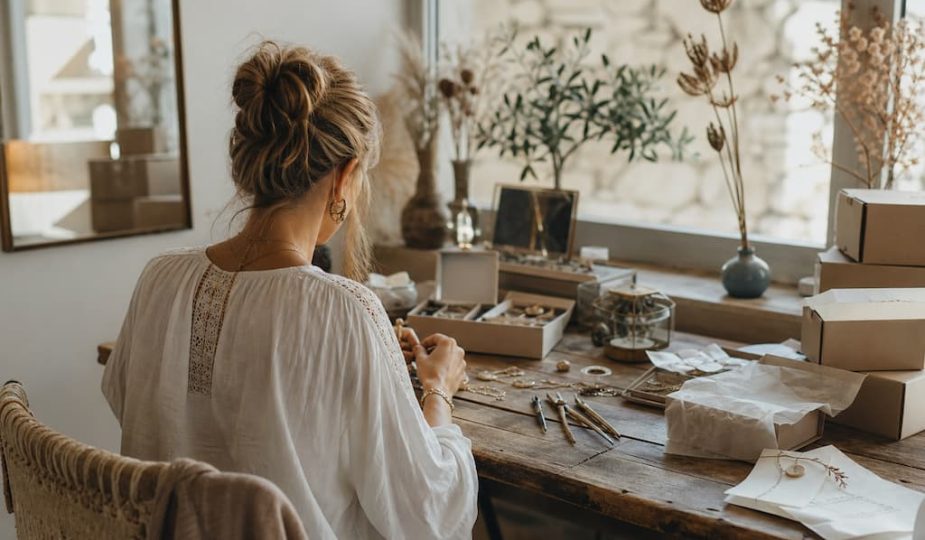 Femme entrepreneuse travaillant avec passion sur ses bijoux vintage dans son atelier lumineux