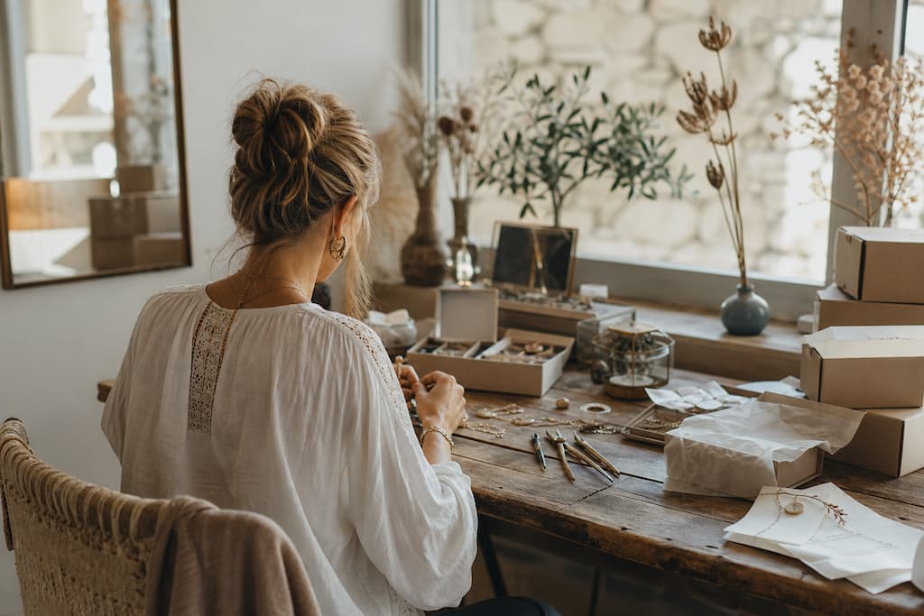 Femme entrepreneuse travaillant avec passion sur ses bijoux vintage dans son atelier lumineux