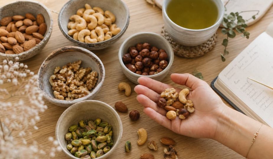 Bols de fruits secs variés (amandes, noix, cajou, noisettes) sur une table en bois avec une poignée dans une main