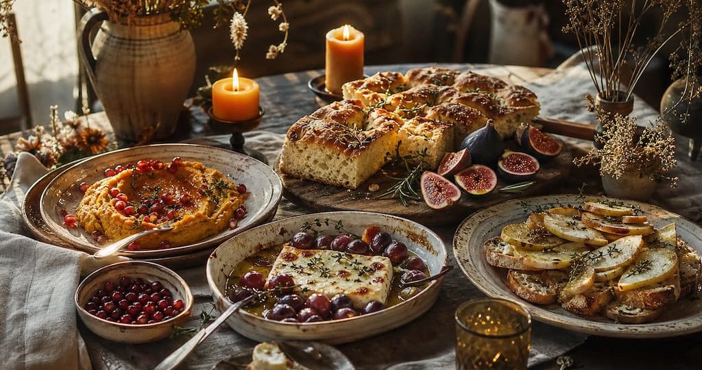 Table d'apéro d'automne style boho avec dip de courge, focaccia aux figues et bougies chaleureuses