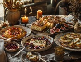 Table d'apéro d'automne style boho avec dip de courge, focaccia aux figues et bougies chaleureuses