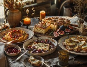 Table d'apéro d'automne style boho avec dip de courge, focaccia aux figues et bougies chaleureuses