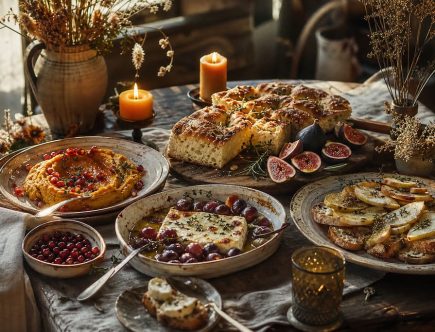 Table d'apéro d'automne style boho avec dip de courge, focaccia aux figues et bougies chaleureuses