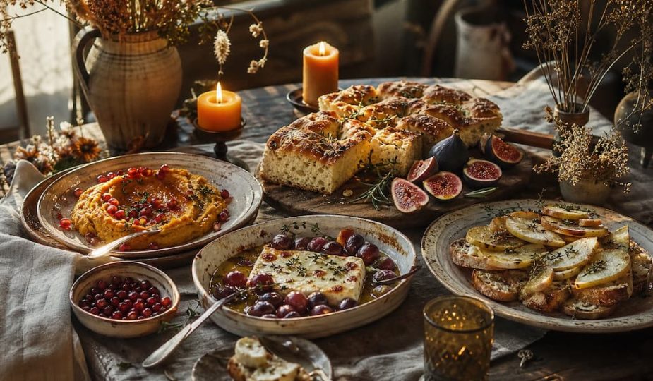 Table d'apéro d'automne style boho avec dip de courge, focaccia aux figues et bougies chaleureuses