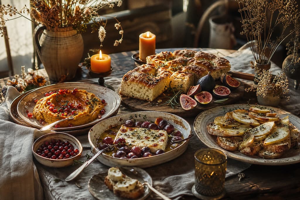 Table d'apéro d'automne style boho avec dip de courge, focaccia aux figues et bougies chaleureuses