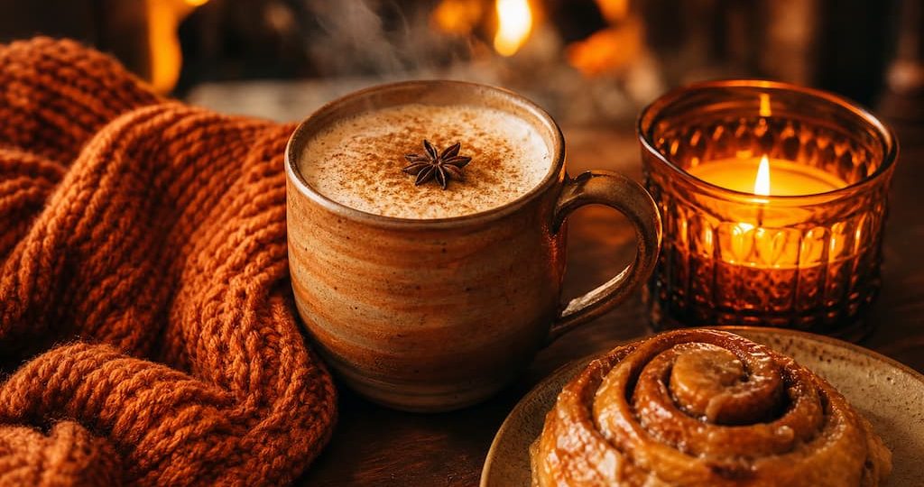 Ambiance d'automne ultra-chaleureuse avec latte épicé fumant, brioche à la cannelle et lueur dorée de cheminée